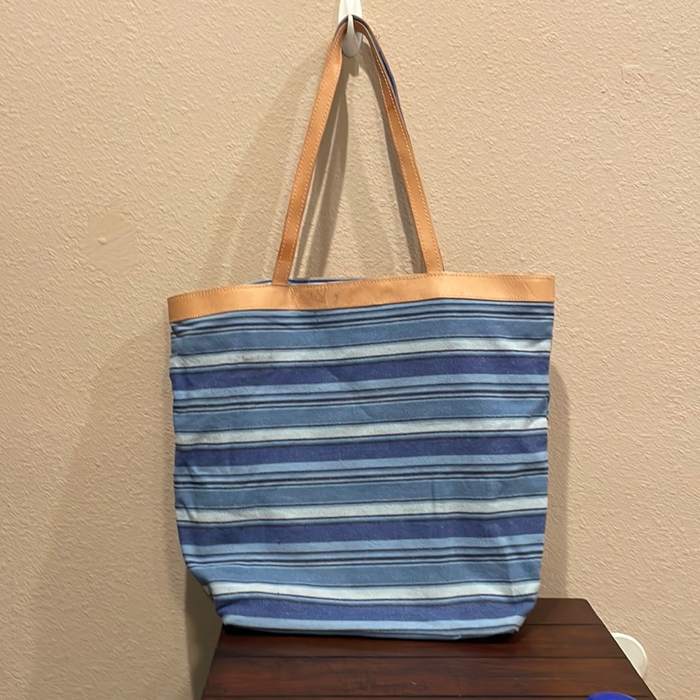 Large blue striped canvas tote